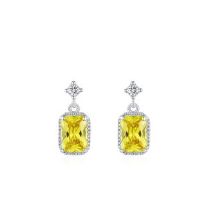 S925 sterling silver drop earrings featuring large square yellow zircon and milgrain edges