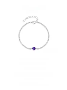 Detail of S925 sterling silver double chain bracelet with a purple round crystal zircon
