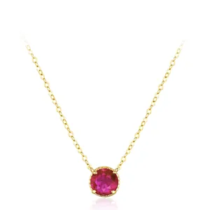 Romantic 925 Sterling Silver Round Red Zirconia Pendant Necklace For Women 14K Gold Plated Minimalist Elegant Jewelry Gift
