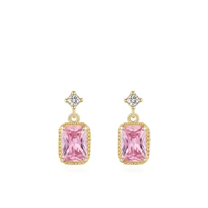 925 Sterling Silver Pink Zirconia Square Stud Earrings For Women Luxury Sweet Geometric Gold Plated Elegant Jewelry Gift