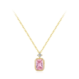 Collier Pendentif Carré en Argent Sterling 925 Zirconia Rose Pour Femme Plaqué Or Vintage Taille Émeraude Collier