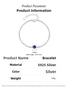 Detailed view of S925 silver bracelet with 15cm chain and 0.50cm purple gemstone charm