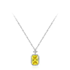 925 Sterling Silver Necklace For Women Emerald Cut Yellow Zirconia Pendant Necklace Geometric Rectangular Jewelry Gift