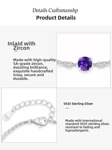 Close-up of S925 sterling silver lobster clasp and adjustable chain with violet zircon