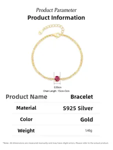 Detailed size chart for S925 silver bracelet featuring a red zircon and gold chain
