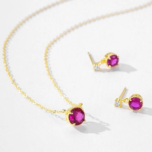 Elegant gold plated S925 silver jewelry set with vibrant rose red zircon stones