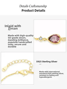 Detailed view of S925 sterling silver gold bracelet with pear-cut purple zircon and clasp