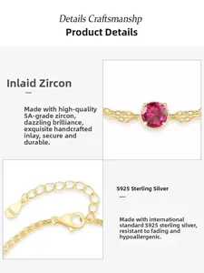 Detail of S925 sterling silver gold bracelet featuring a round red 5A zircon stone inlay