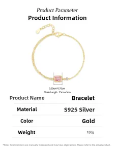 Detailed view of S925 silver gold bracelet with pink square zircon and extension chain