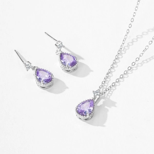 Elegant S925 sterling silver jewelry set with pear-cut lavender purple crystal stones