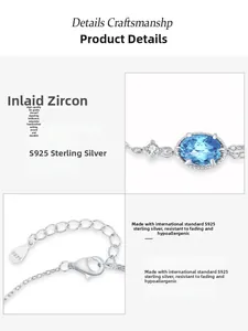 Macro detail of S925 sterling silver bracelet featuring oval blue zircon and S925 hallmark