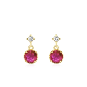 S925 silver gold-plated stud earrings with red round zircon and diamond-shaped crystal