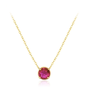 S925 silver necklace with 14K gold plating and a round red zircon in 4-prong setting