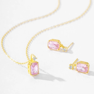 S925 sterling silver jewelry set featuring rectangular pink zirconia necklace and earrings