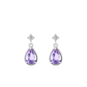 Elegante S925 Sterlingsilber Tropfenohrringe mit lila Steinen im Birnenschliff und Milgrain-Rand