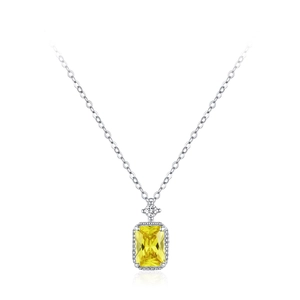 S925 sterling silver necklace with a radiant cut yellow zircon pendant on white background