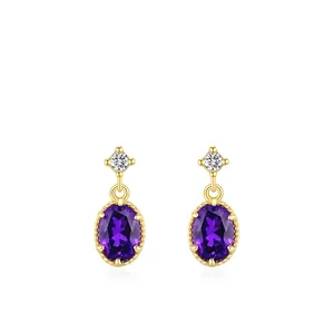 Boucles d'Oreilles Clous Vintage en Argent Sterling 925 Améthyste Violette Ovale et Zirconia Design Plaqué Or pour Femme