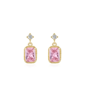 Luxurious S925 silver stud earrings with pink zircon squares and gold plated finish
