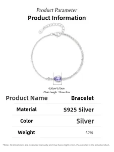 Macro detail of S925 sterling silver double chain bracelet with purple pear-cut zircon