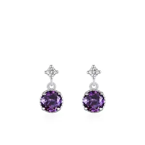 925 Sterling Silver Purple Zirconia Stud Earrings For Women Vintage Minimalist Round Amethyst Color Gemstone Jewelry Gift