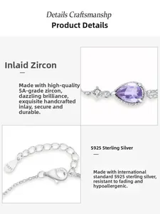 Detailed close-up of S925 sterling silver clasp and blue teardrop cubic zirconia stone