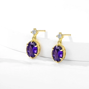 Boucles d'oreilles vintage en argent S925, améthyste ovale, plaqué or et zircones