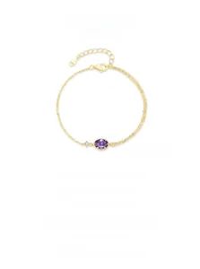 Detail of S925 sterling silver mark on a gold double-chain bracelet with purple crystal