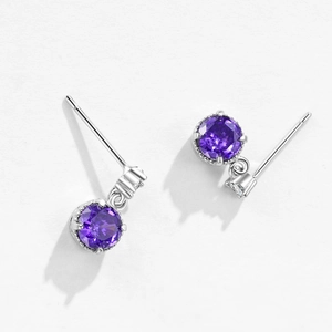 Elegant S925 sterling silver stud earrings with violet zircon stones and crystal accents
