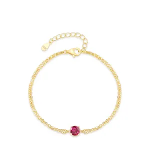 925 Sterling Silver Rose Red Zirconia Round Bracelet Women French Luxury Gold Plated Double Chain Adjustable Jewelry