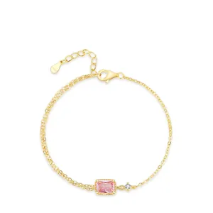 S925 Sterling Silver Pink Rectangular Zirconia Bracelet For Women Gold Plated Adjustable Double Chain Geometric Fashion Jewelry