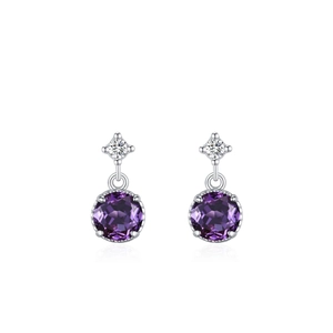 Elegant S925 sterling silver drop earrings with round violet zircon stones in white background
