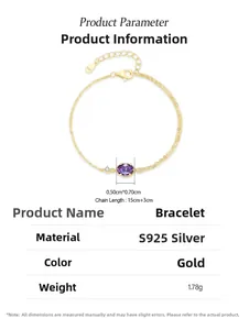Detail view of S925 silver bracelet with purple oval crystal and golden chain dimensions