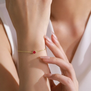 925 silver double-strand gold chain bracelet with a round red zircon in bezel setting