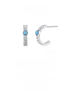 Detail of S925 silver C-shape earrings with turquoise stone and braided texture