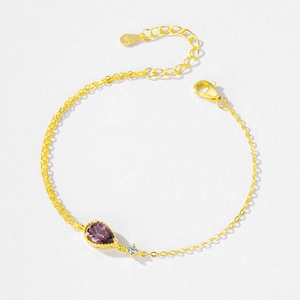 Elegant S925 sterling silver gold plated bracelet with pear-cut purple zircon stone