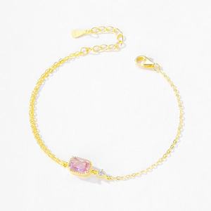 S925 sterling silver gold bracelet with pink emerald cut zircon and adjustable chain