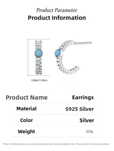 Detail view of S925 sterling silver C-shaped turquoise earrings with woven texture