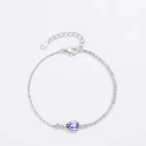 925 Sterling Silver Purple Pear Zirconia Double Layer Bracelet For Women Minimalist Water Drop Charm Jewelry Gift