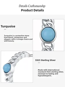 Macro detail of S925 sterling silver turquoise earring with woven chain texture