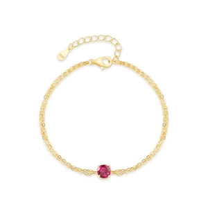 Elegant gold-plated S925 silver double-chain bracelet with round pink zircon gemstone