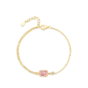 Elegant S925 silver gold bracelet with pink emerald cut zircon and asymmetric double chain