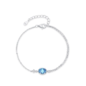 S925 sterling silver bracelet featuring an oval blue zircon on a double strand chain