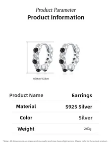 Detailed size chart for S925 sterling silver hoop earrings with black and white zircon