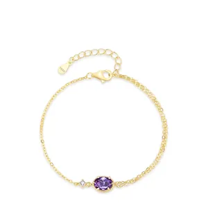 925 Sterling Silver Purple Zirconia Bracelet For Women Gold Plated Oval Geometric Chain Fashion OL Light Luxury Hand Jewelry