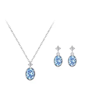 Parure de Bijoux en Argent Sterling 925 Zirconia Bleu Collier Pendentif Ovale Boucles d'Oreilles Mode Luxe Femme Bijoux
