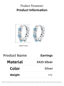 Détail de boucles d'oreilles créoles en argent S925 avec turquoise et zircon, 0,30x1,33 cm