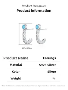 Technical dimensions and macro details of J-shaped S925 silver turquoise stud earrings