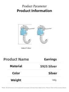 Detailed view of S925 silver J-shaped earrings with turquoise and small diamonds