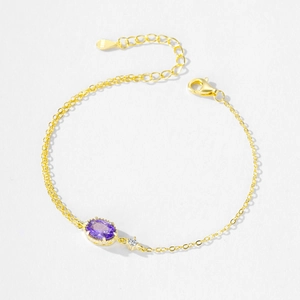 Elegant S925 sterling silver gold bracelet with oval purple crystal and small zircon