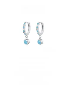 Detail of S925 silver turquoise hoop earrings with blue faceted stone and cubic zirconia